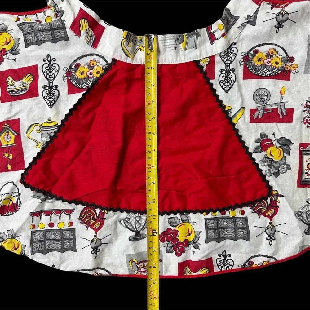 Vintage Handmade Kitchen Apron Pocket Retro Kitschy Red White Yellow Ties